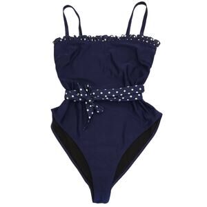 PEEK & BEAU Asos Eco Ruffle belted navy polka dot one piece swimsuit 10 D/DD-E